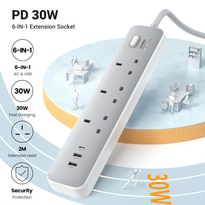 UGREEN 3-Outlet Surge Protector Master Switch Extension Code With 30W Type-C Port + Dual USB Ports – CD286 - Image 3