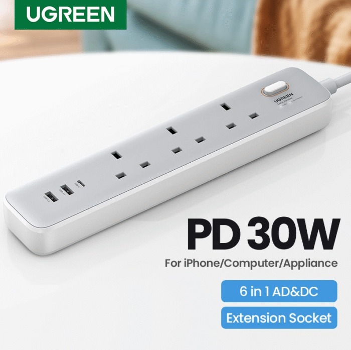 UGREEN 3-Outlet Surge Protector Master Switch Extension Code With 30W Type-C Port + Dual USB Ports – CD286 - Image 2