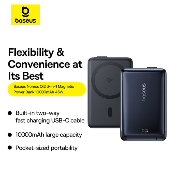 Baseus 10000mah 45W Nomos Qi2 Kickstand Magnetic Power Bank with Built-in USB-C Cable - Image 4