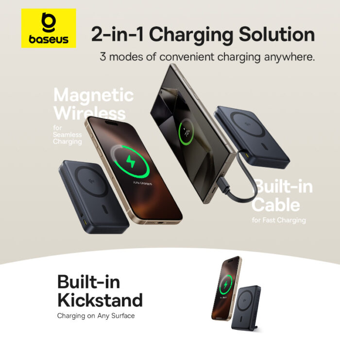 Baseus 10000mah 45W Nomos Qi2 Kickstand Magnetic Power Bank with Built-in USB-C Cable - Image 3