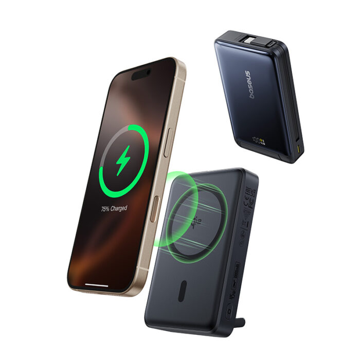 Baseus 10000mah 45W Nomos Qi2 Kickstand Magnetic Power Bank with Built-in USB-C Cable - Image 10